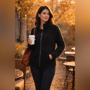 MIXIT Womens XL Brown Zip Front Fuzzy Knit Sweater Jacket Soft Acrylic